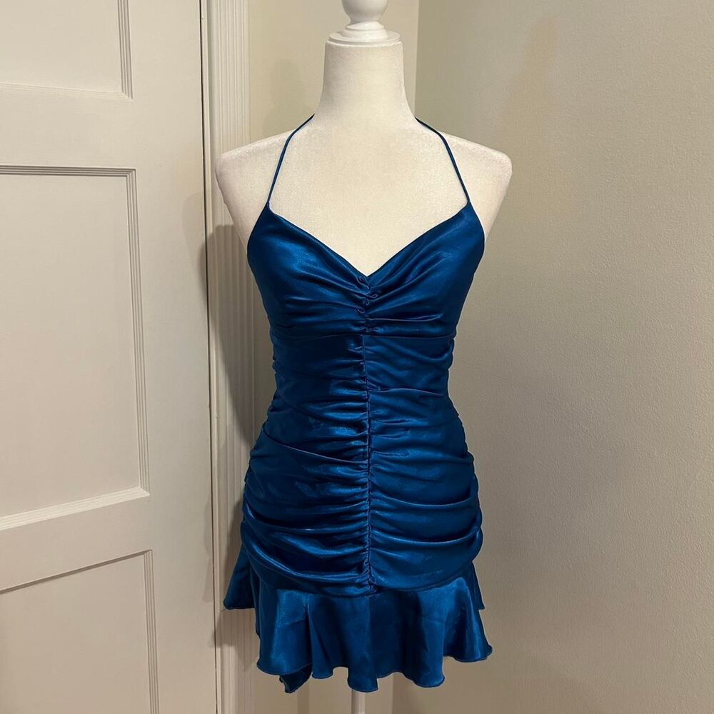 Vintage Ruched Women's Blue Ruffle Dress